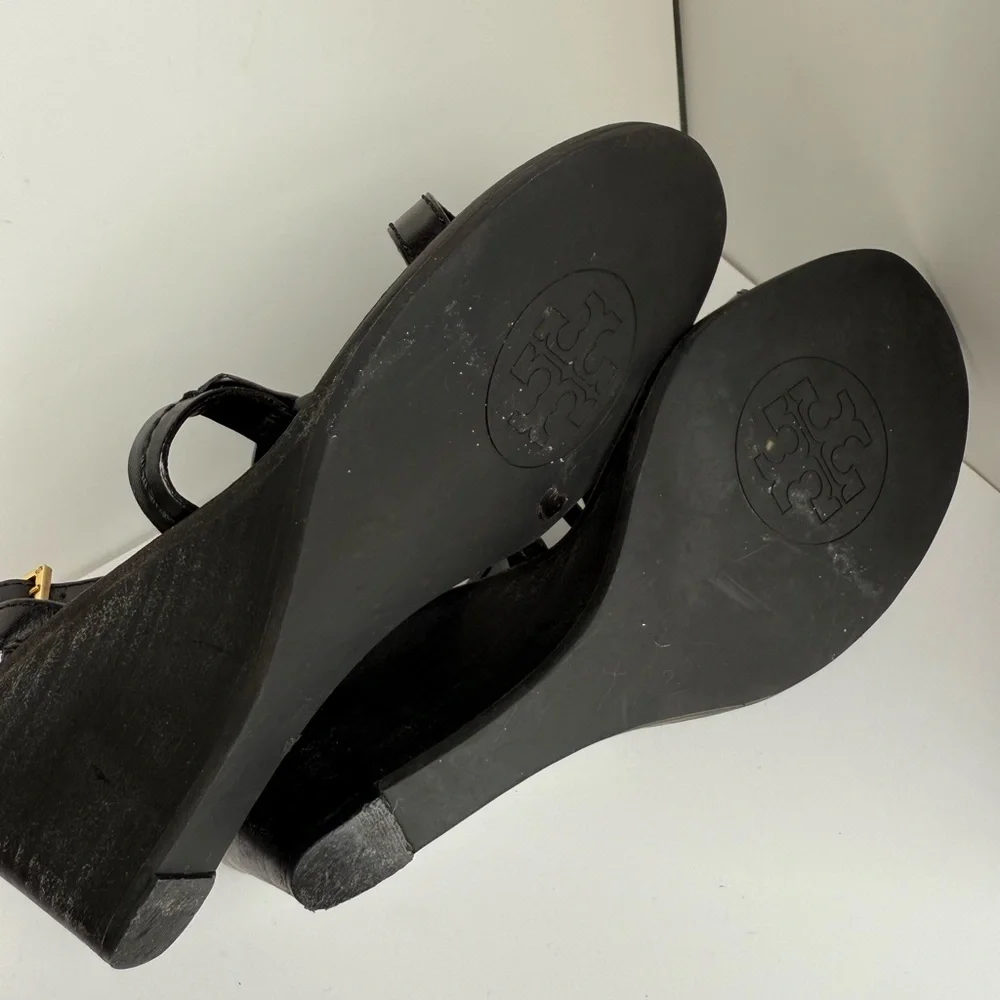 Tory Burch Black Leather Miller Logo Wedge Ankle Strap Sandals Size‎ 7M